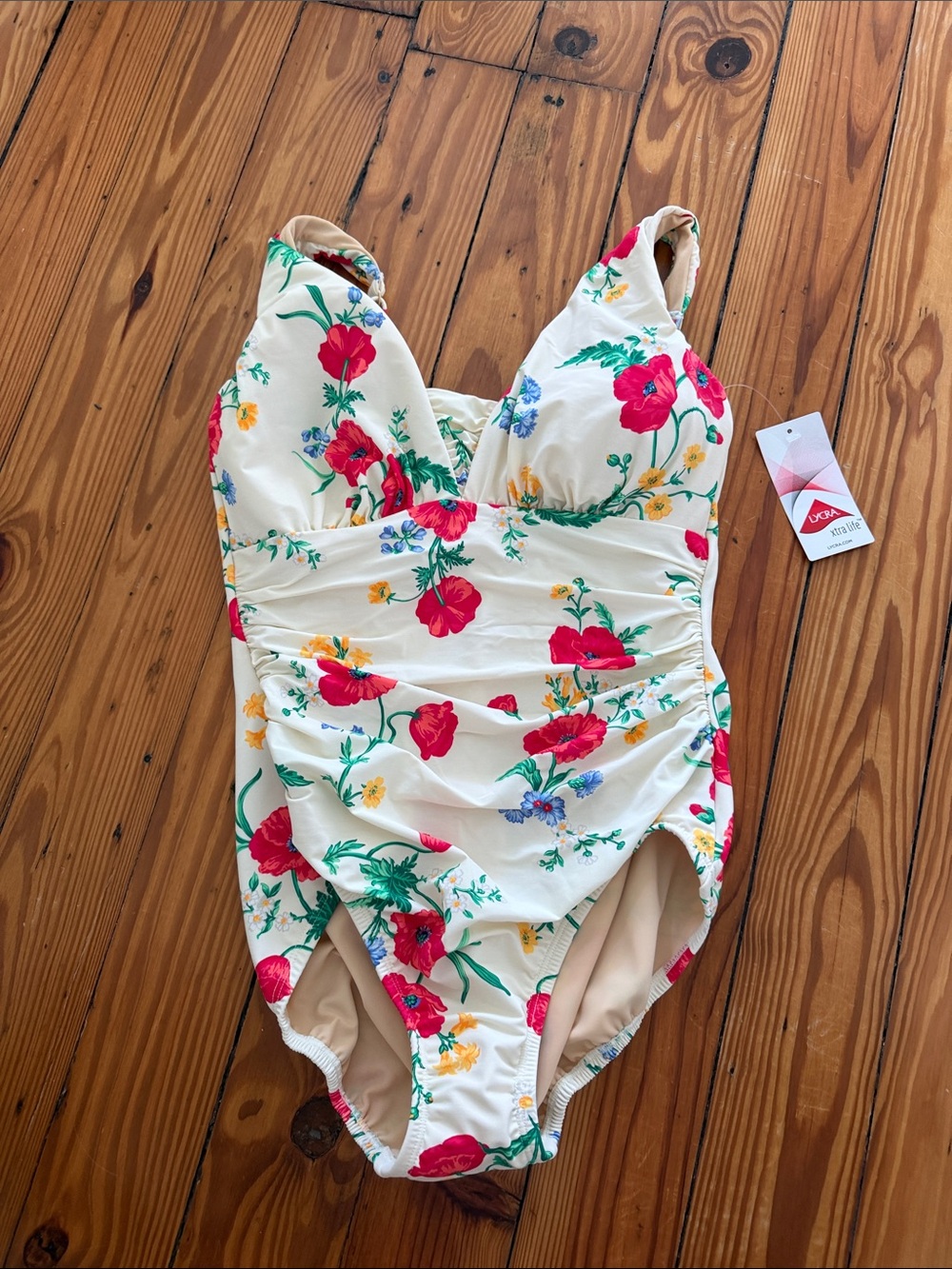 Lands end  Cream One-Piece Swimsuit with Red Floral Print